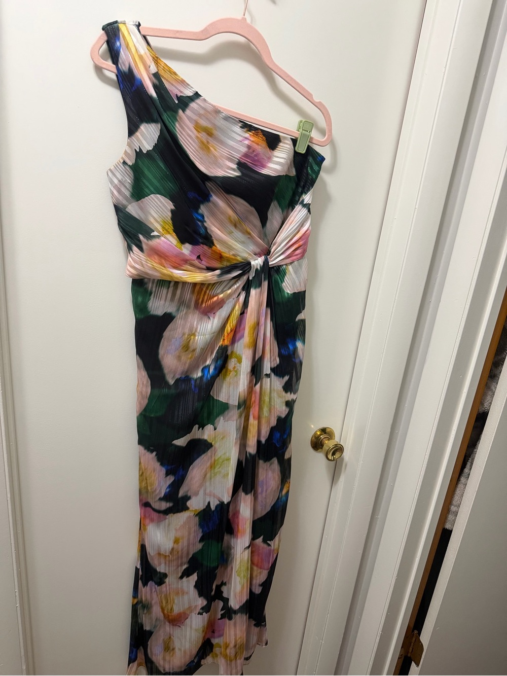 Adrianna Papell One-Shoulder Floral Twist Maxi Dress in Black, Green, Pink, Blue